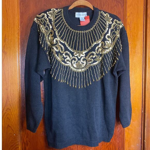 VINTAGE 80s Black Beaded Sweater - Picture 1 of 5
